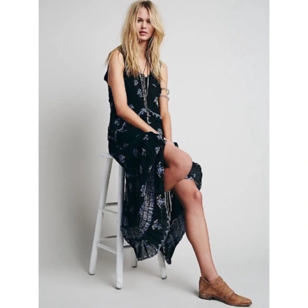 Free People Black Maxi Dress with White Print